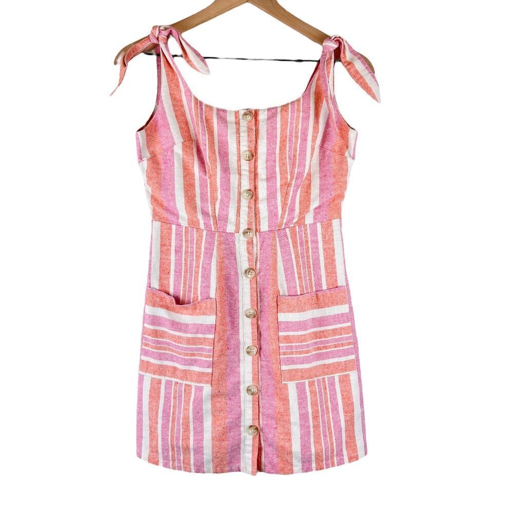BNDI Pink Striped Linen Blend Button Front Tie Strap Mini Dress